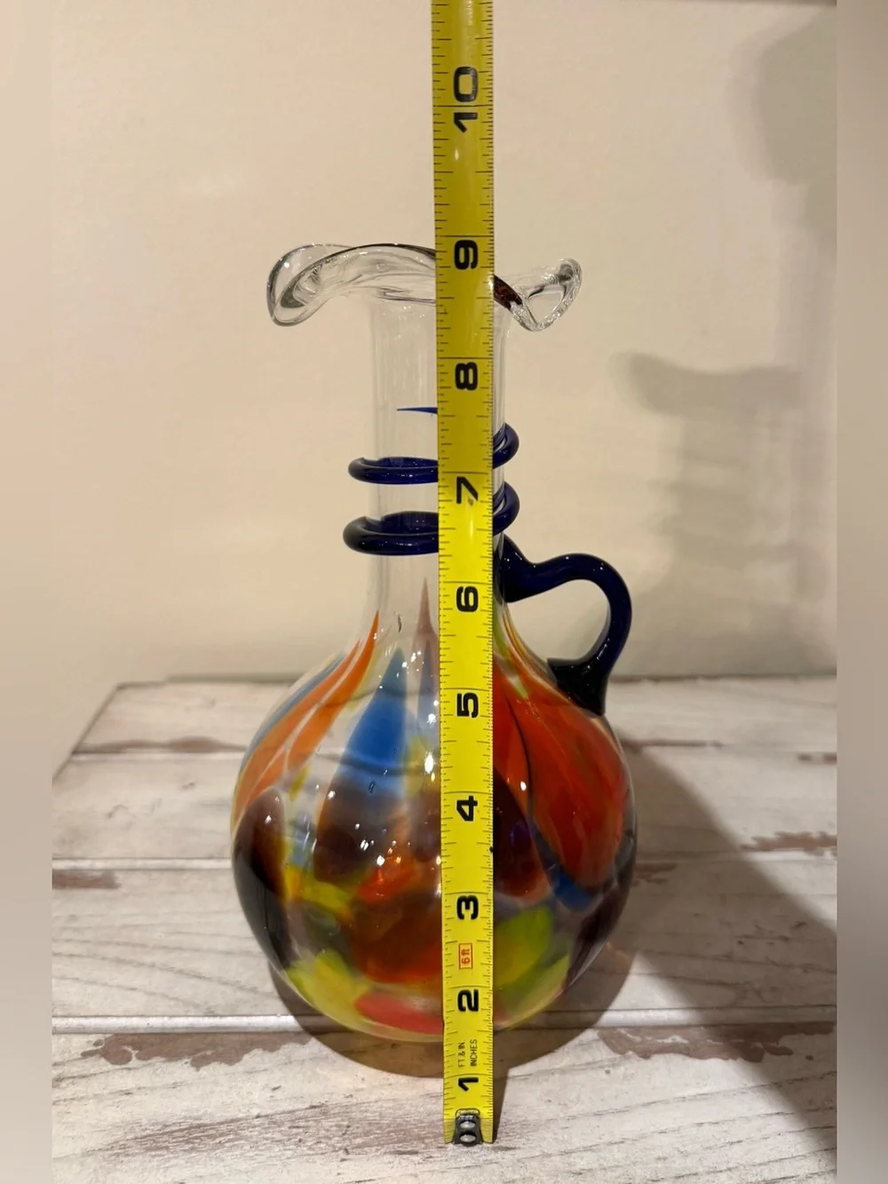 Vtg Hand Blown Art Glass Pitcher Ruffled Neck Spout Spiral Handle End Of Day